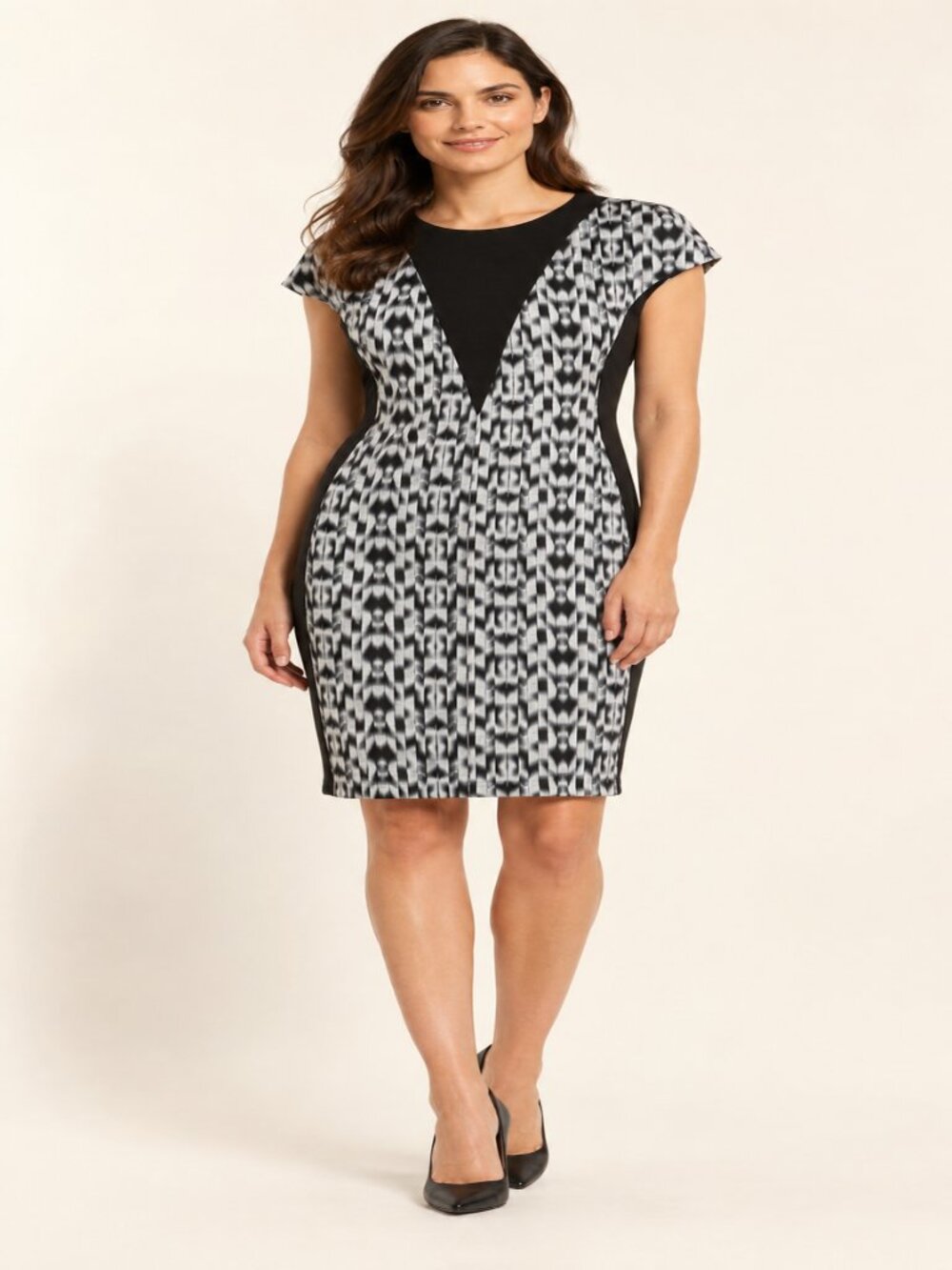 JUDITH & CHARLES BLACK & WHITE GEOMETRIC SHEATH DRESS - SIZE: 6